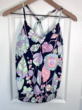 Carve Designs Navy Floral Criss Cross Spaghetti Strap Tankini Top Size S NWOT